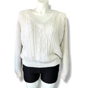 Vintage Alicia Womens Cable Knit Sweater Pullover V Neck Long Sleeve White Large